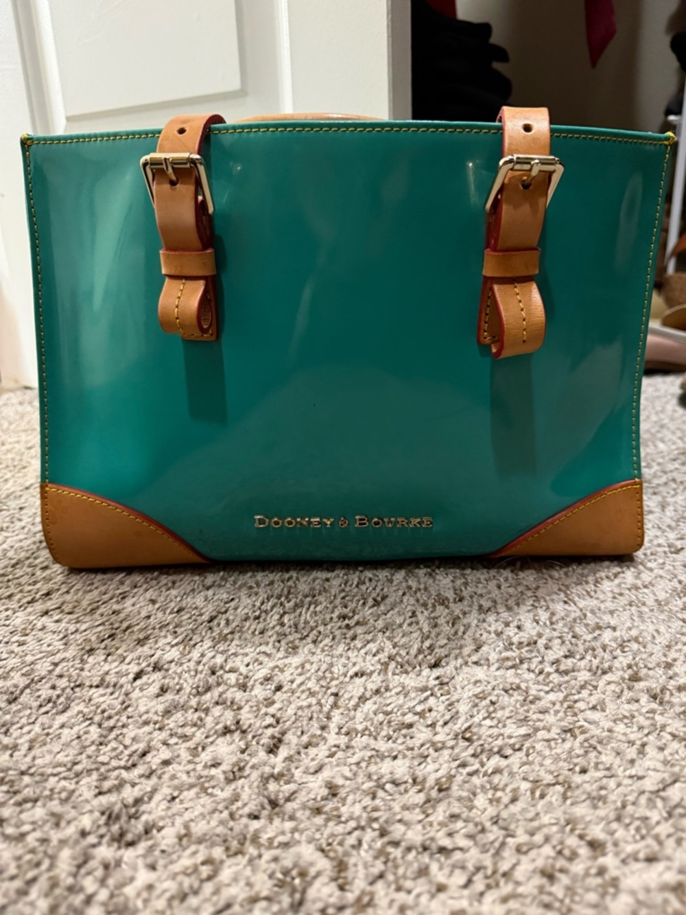 Dooney & Bourke Teal Patent Leather Tote with Tan Accents